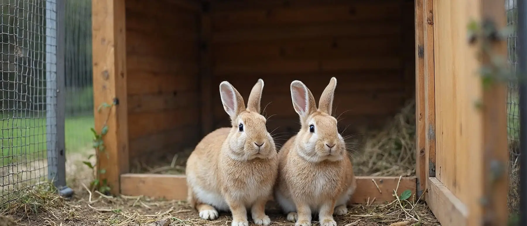 Zwei Kaninchen sitzen nebeneinander vor dem offenen Eingang einer niedrigen Holzhütte in einem Außengehege, im Hintergrund Volierendraht und Stroh.