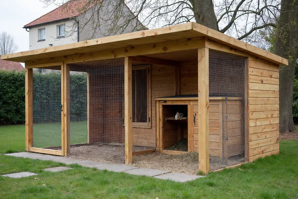 Außengehege aus Holz mit vollständig geschlossenem Dach: eine Hälfte mit festen Brettern gedeckt, die andere mit Volierendraht; im Inneren eine niedrige Schutzhütte mit offenem Eingang und Flachdach, davor Gehwegplatten und Einstreu.